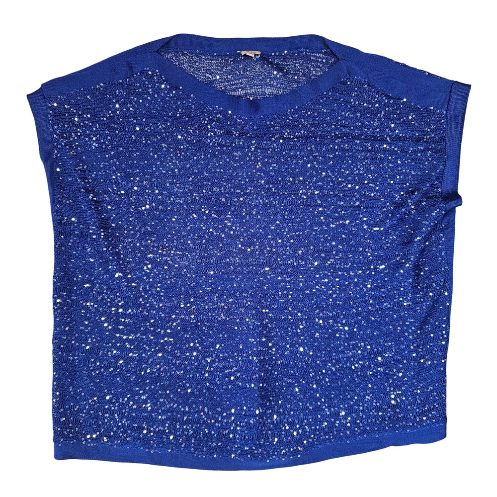 Reba Royal Blue Sequin Knit Cap Sleeve Top Womens Medium Boxy Sparkle Blouse
